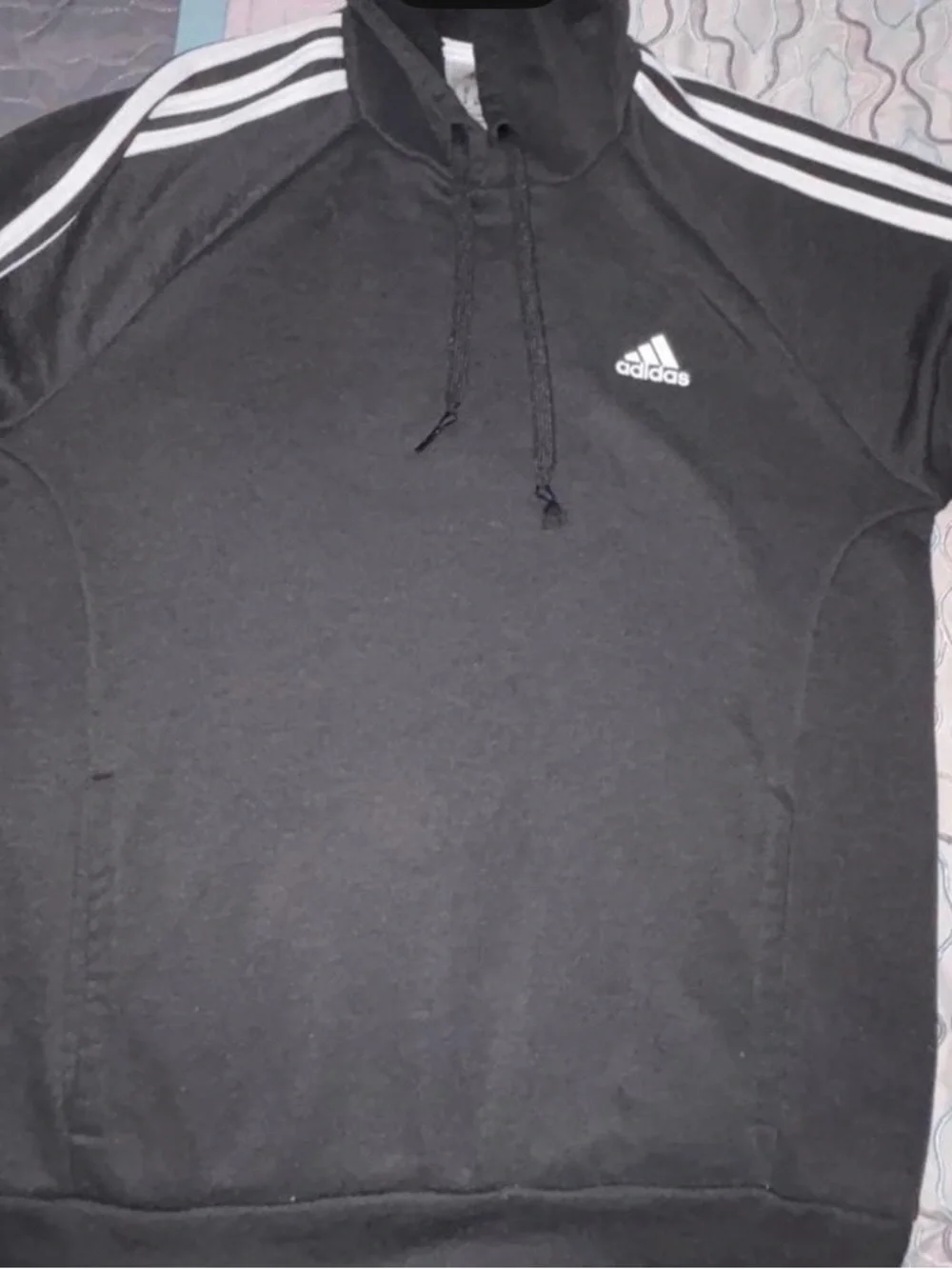 adidas Black Pullover Hoodie with White Shoulder Stripes and Drawcord